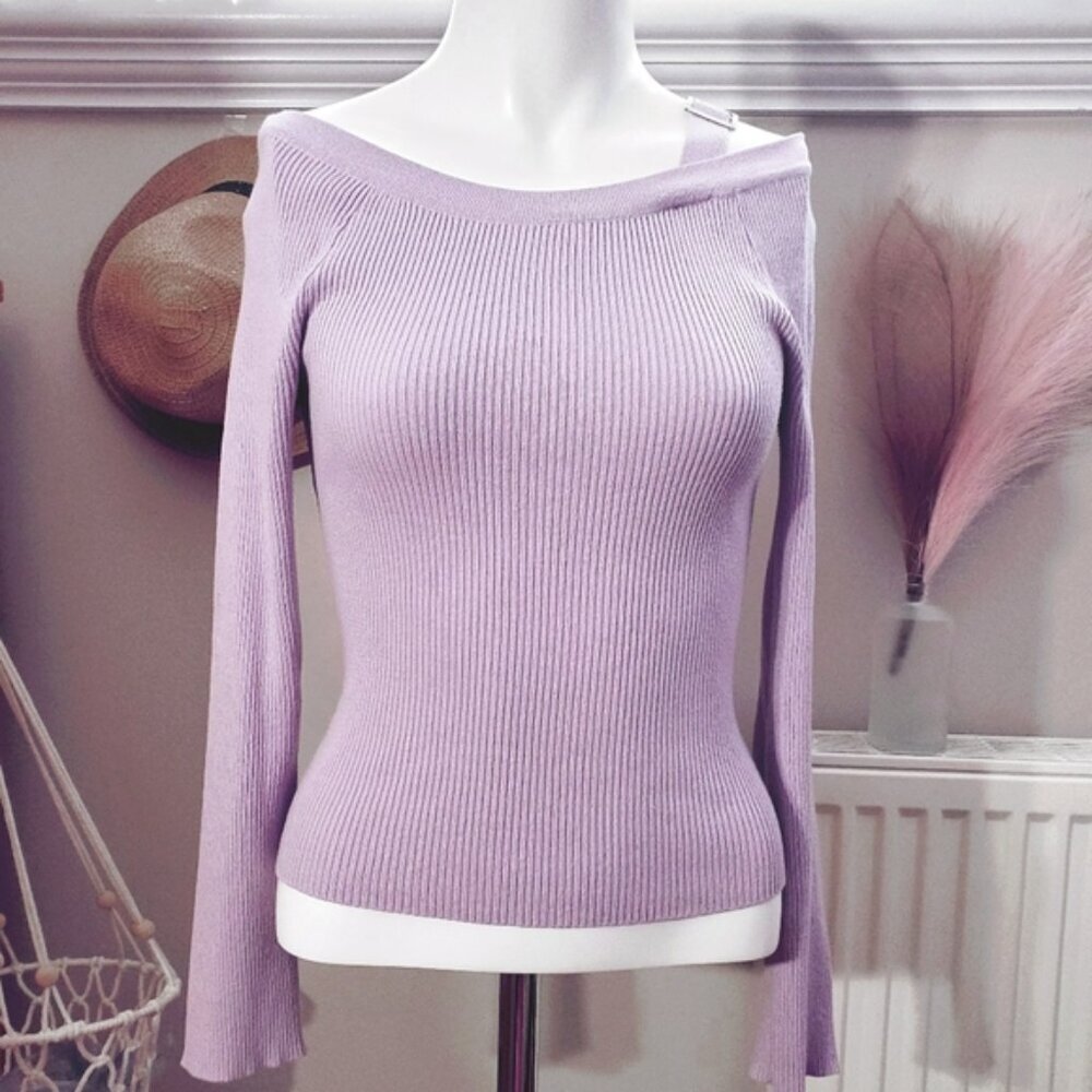 New Fashion Nova Semi Off the Shoulder Knit Ribbed Long Sleeved Top